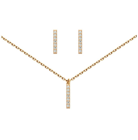 .925 Sterling Silver Rose Gold Plated Set: 13mm Long Cz Pave Bar Earrings And 16+2" Necklace