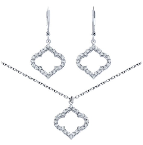 .925 Sterling Silver Rhodium Plated Set: Cz Pave Cutout Royal Clover Earrings And 16+2" Necklace