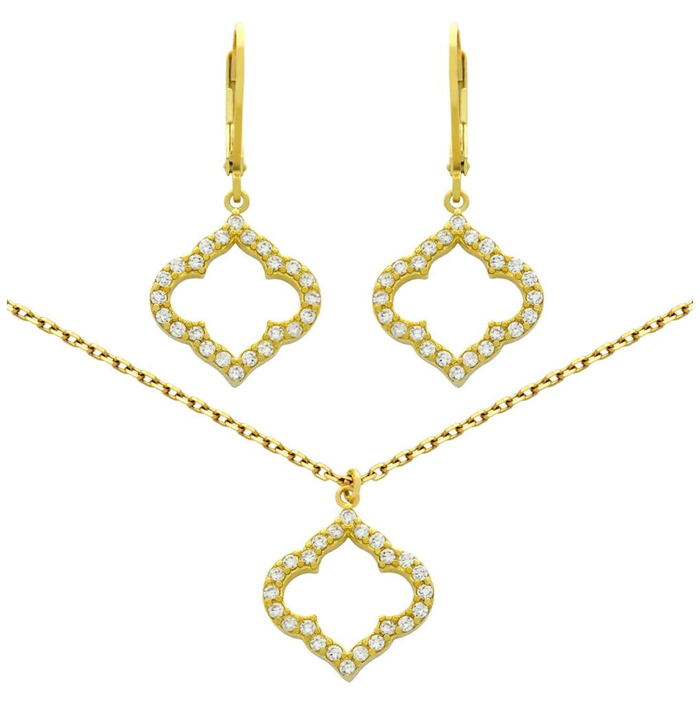 .925 Sterling Silver Gold Plated Set: Cz Pave Cutout Royal Clover Earrings And 16+2" Necklace