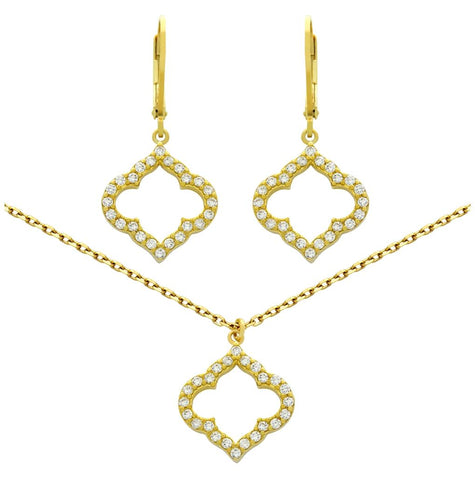 .925 Sterling Silver Gold Plated Set: Cz Pave Cutout Royal Clover Earrings And 16+2" Necklace