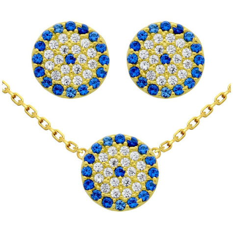 .925 Sterling Silver Gold Plated Set: 9mm Disk Blue Eye Cz Pave Earrings And 16+2" Necklace