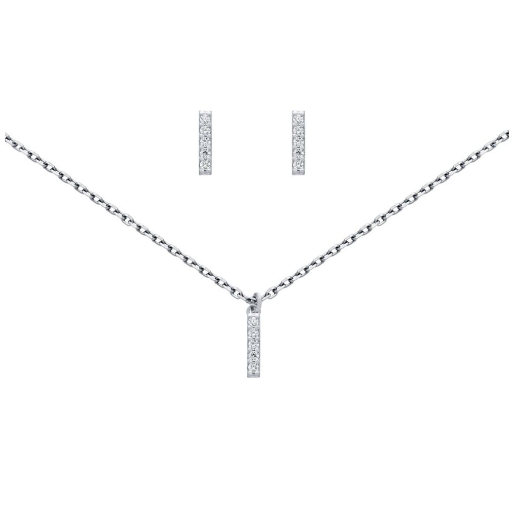 .925 Sterling Silver Rhodium Plated Set: 10mm Long Cz Pave Bar Earrings And 16+2" Necklace