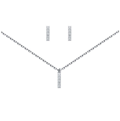 .925 Sterling Silver Rhodium Plated Set: 10mm Long Cz Pave Bar Earrings And 16+2" Necklace