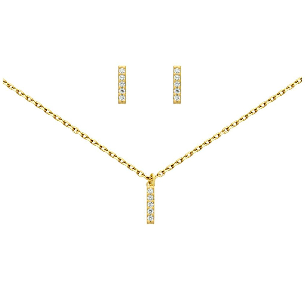 .925 Sterling Silver Gold Plated Set: 10mm Long Cz Pave Bar Earrings And 16+2" Necklace