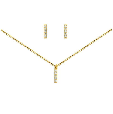 .925 Sterling Silver Gold Plated Set: 10mm Long Cz Pave Bar Earrings And 16+2" Necklace