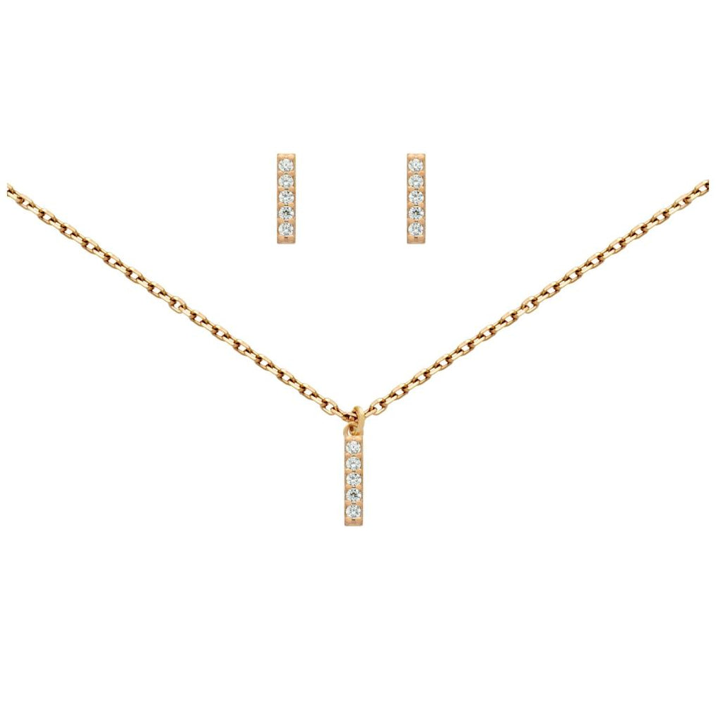 .925 Sterling Silver Rose Gold Plated Set: 10mm Long Cz Pave Bar Earrings And 16+2" Necklace