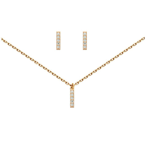 .925 Sterling Silver Rose Gold Plated Set: 10mm Long Cz Pave Bar Earrings And 16+2" Necklace