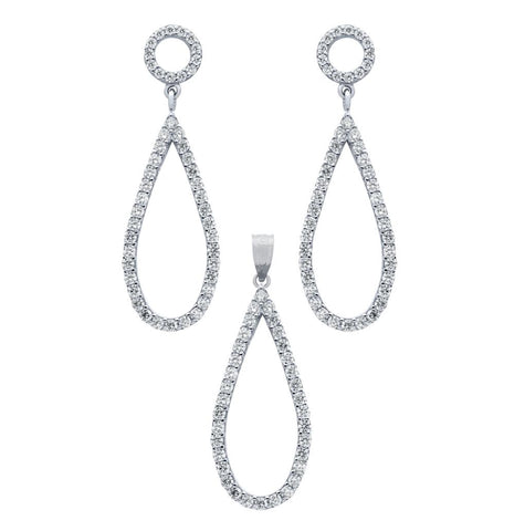 .925 Sterling Silver Rhodium Plated Set: Drop Shaped Outline Cz Pave Earrings And Pendant