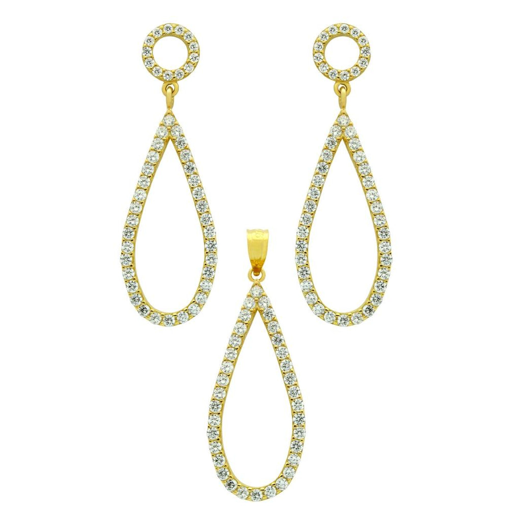 .925 Sterling Silver Gold Plated Set: Drop Shaped Outline Cz Pave Earrings And Pendant