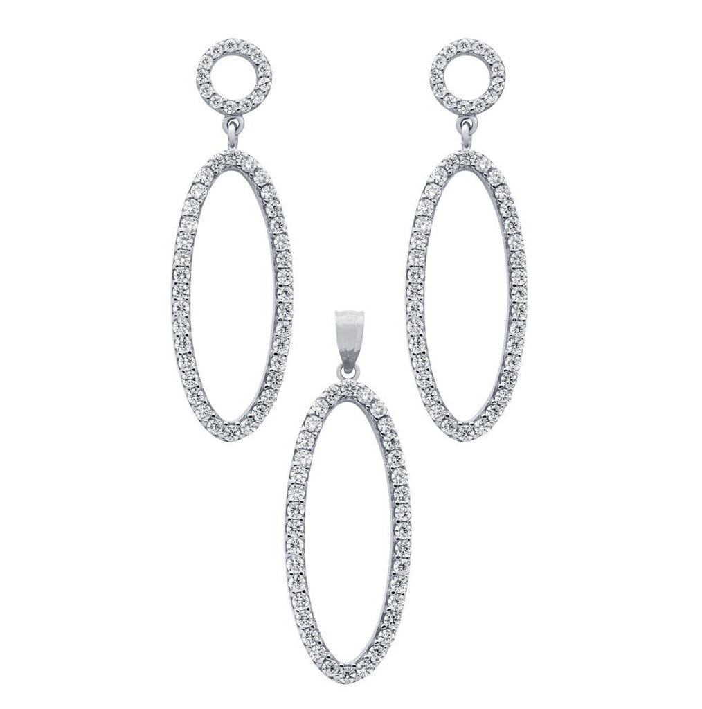 .925 Sterling Silver Rhodium Plated Set: Oval Shaped Outline Cz Pave Earrings And Pendant