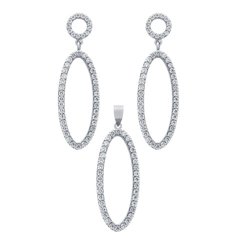 .925 Sterling Silver Rhodium Plated Set: Oval Shaped Outline Cz Pave Earrings And Pendant