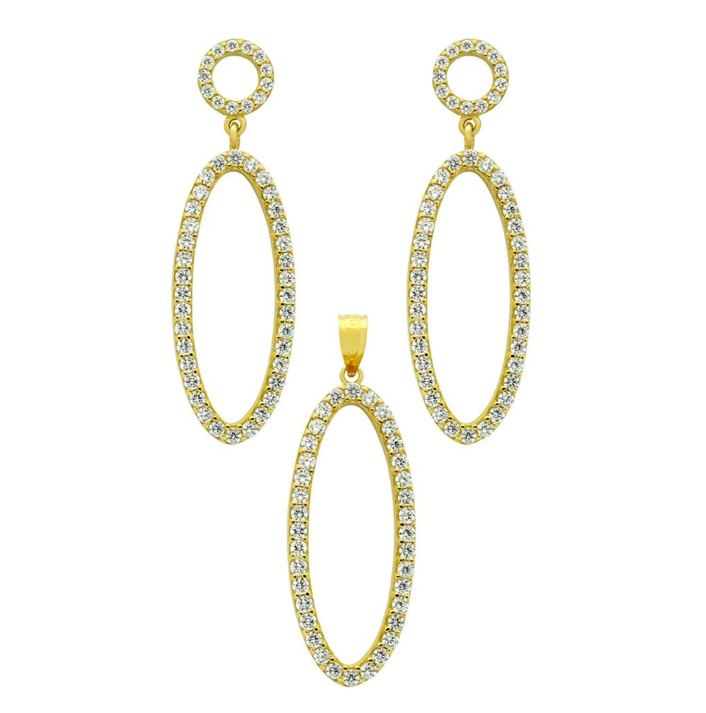 .925 Sterling Silver Gold Plated Set: Oval Shaped Outline Cz Pave Earrings And Pendant