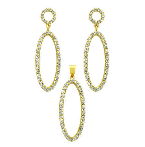 .925 Sterling Silver Gold Plated Set: Oval Shaped Outline Cz Pave Earrings And Pendant