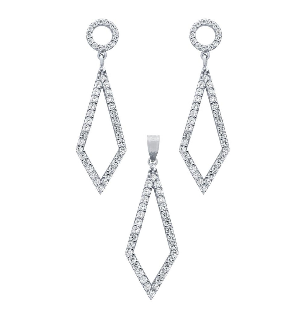 .925 Sterling Silver Rhodium Plated Set: Kite Shaped Outline Cz Pave Earrings And Pendant