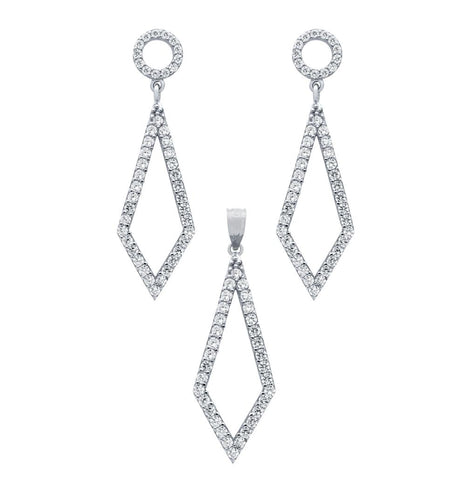 .925 Sterling Silver Rhodium Plated Set: Kite Shaped Outline Cz Pave Earrings And Pendant