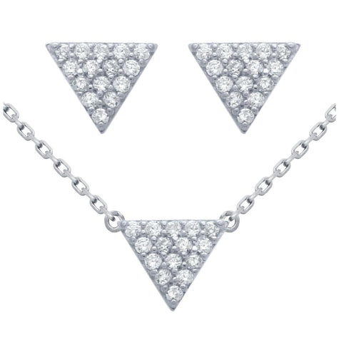 .925 Sterling Silver Rhodium Plated Set: 5mm Triangle Cz Pave Earrings And 16+2" Necklace