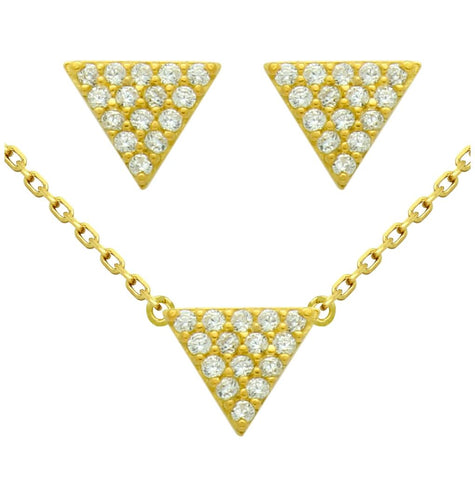 .925 Sterling Silver Gold Plated Set: 5mm Triangle Cz Pave Earrings And 16+2" Necklace