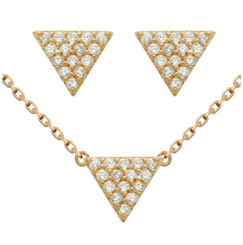 .925 Sterling Silver Rose Gold Plated Set: 5mm Triangle Cz Pave Earrings And 16+2" Necklace