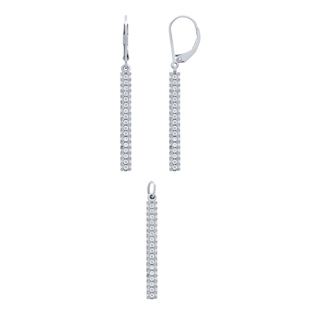 .925 Sterling Silver Rhodium Plated Set: 32mm Quad-row Cz Bar Earring And Pendant