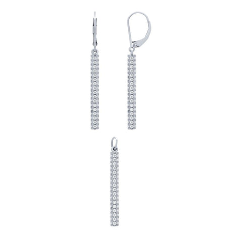 .925 Sterling Silver Rhodium Plated Set: 32mm Quad-row Cz Bar Earring And Pendant