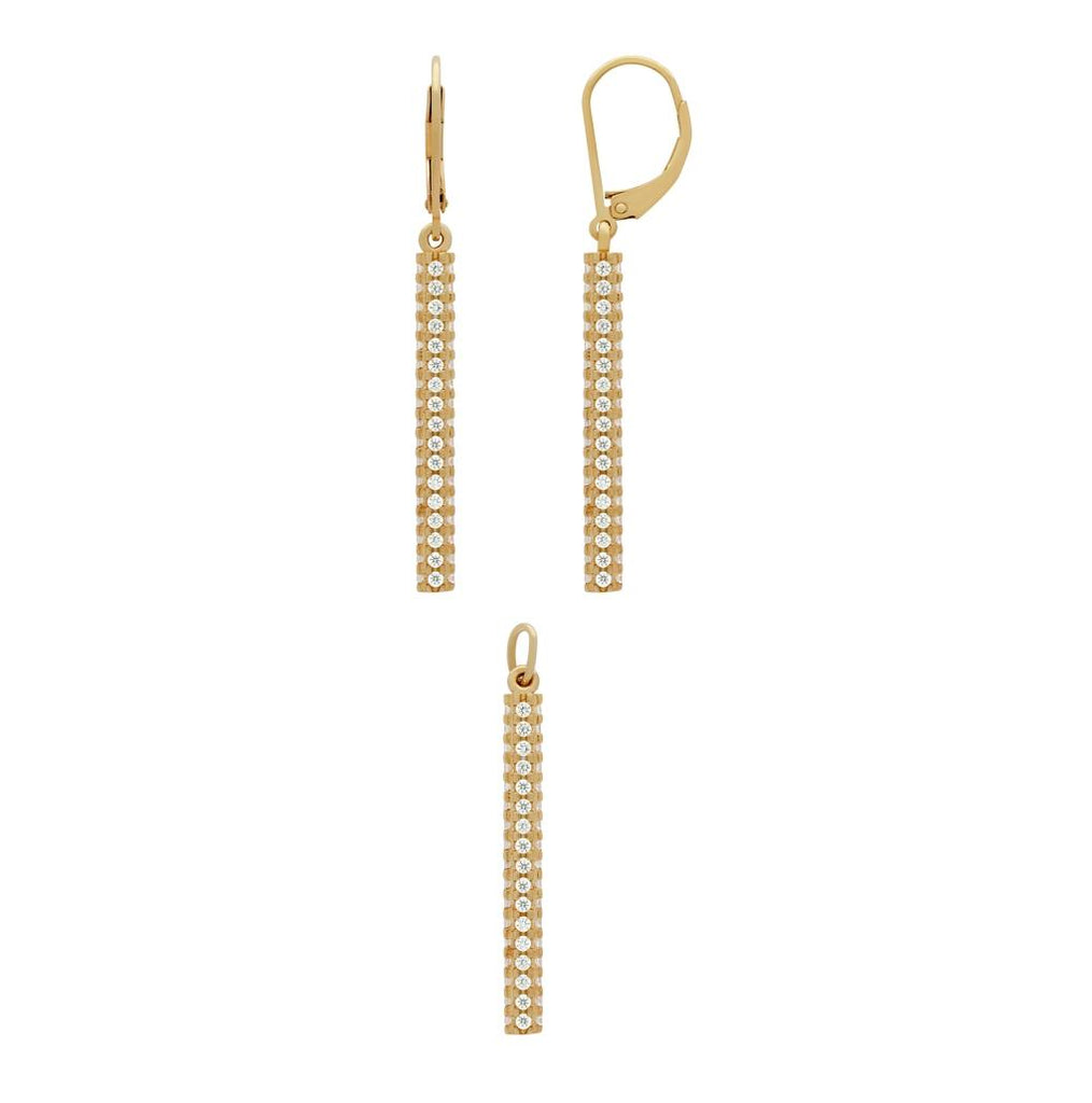 .925 Sterling Silver Rose Gold Plated Set: 32mm Quad-row Cz Bar Earring And Pendant