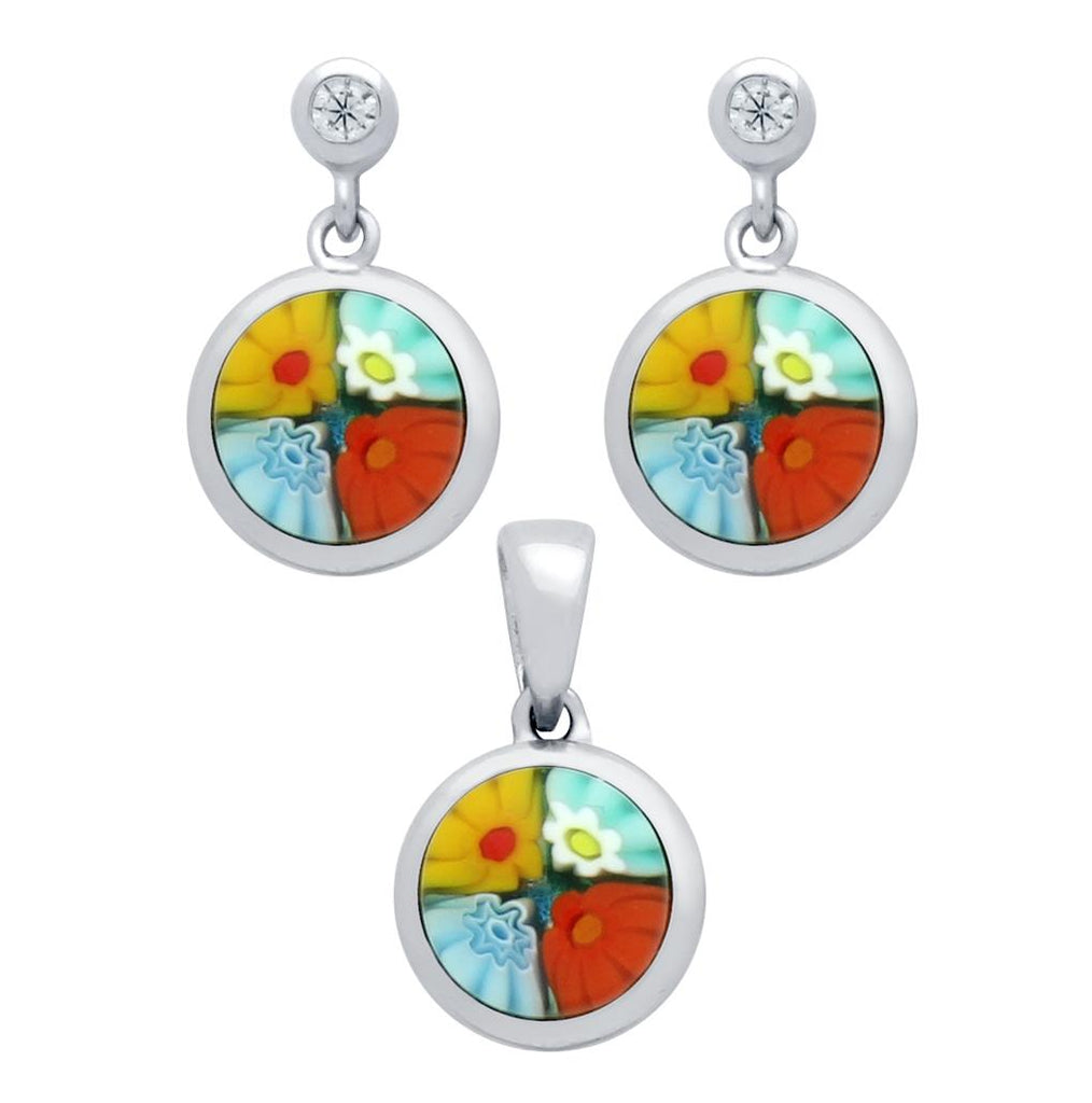 .925 Sterling Silver Millefiori Set: Multi-color 8mm Round Earrings With Cz Post And Pendant