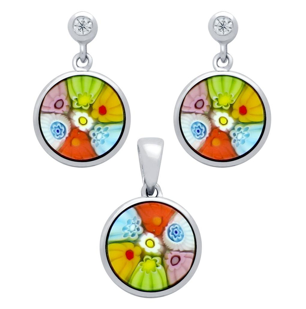 .925 Sterling Silver Millefiori Set: Multi-color 10mm Round Earrings With Cz Post And Pendant