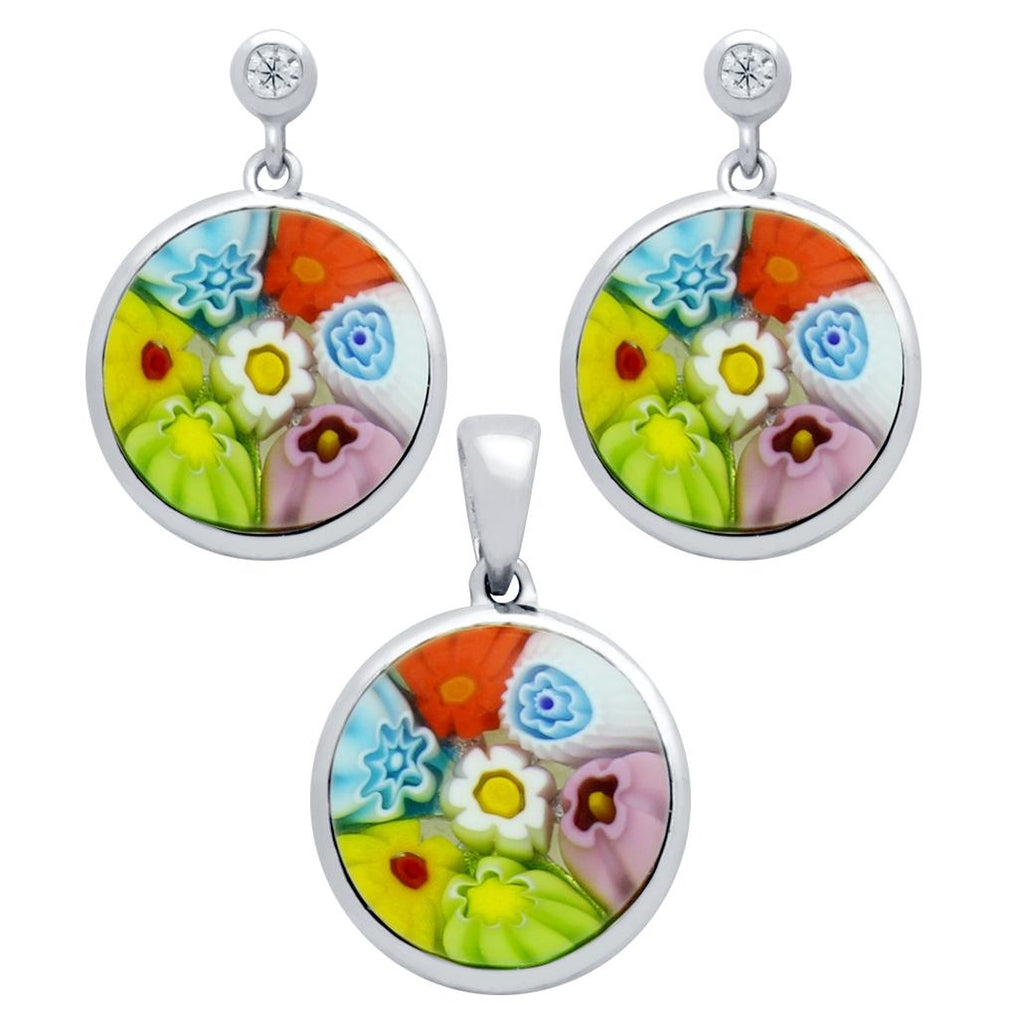 .925 Sterling Silver Millefiori Set: Multi-color 12mm Round Earrings With Cz Post And Pendant