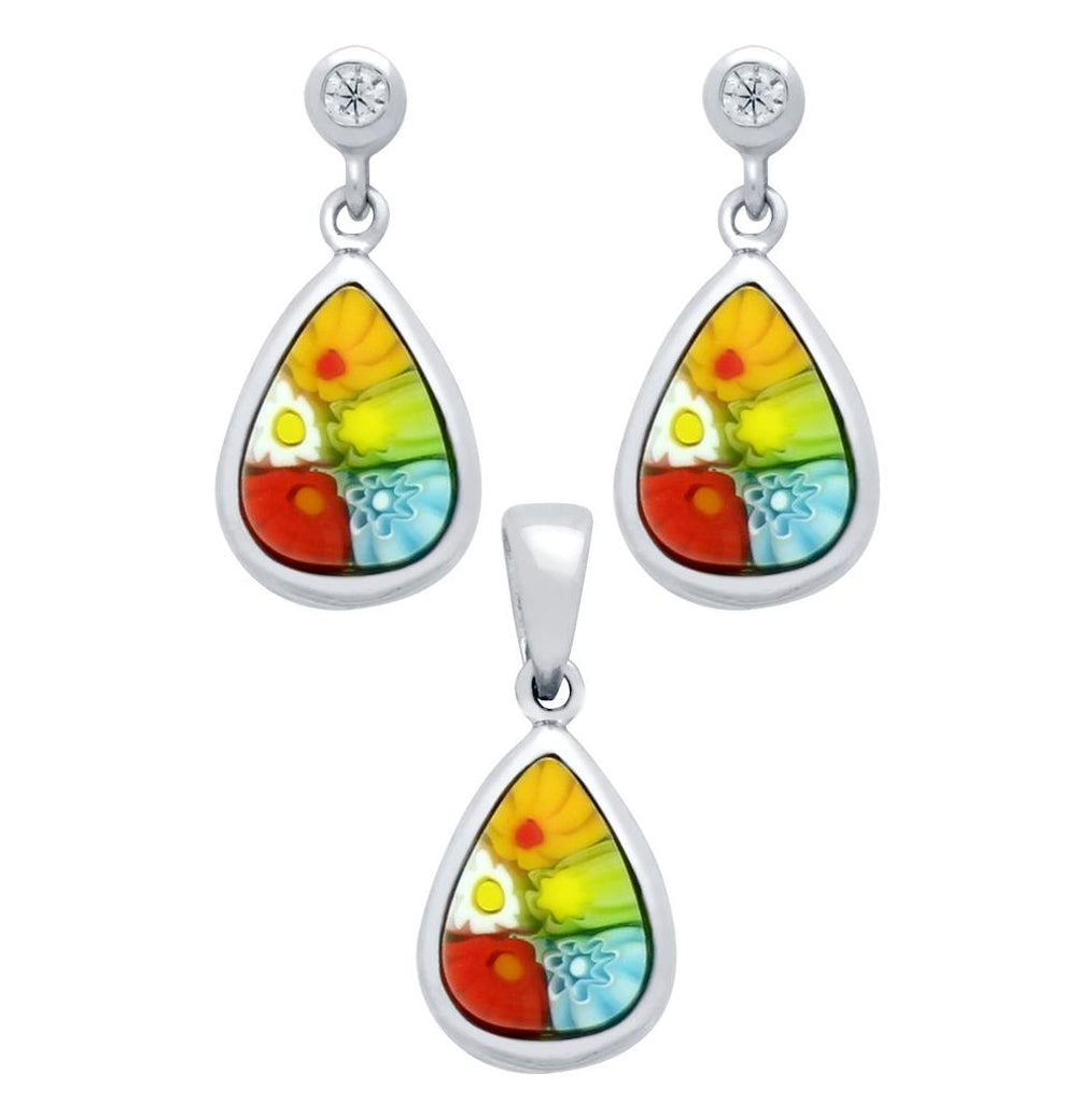 .925 Sterling Silver Millefiori Set: Multi-color 7x10mm Drop Shaped Earrings With Cz Post And Pendant