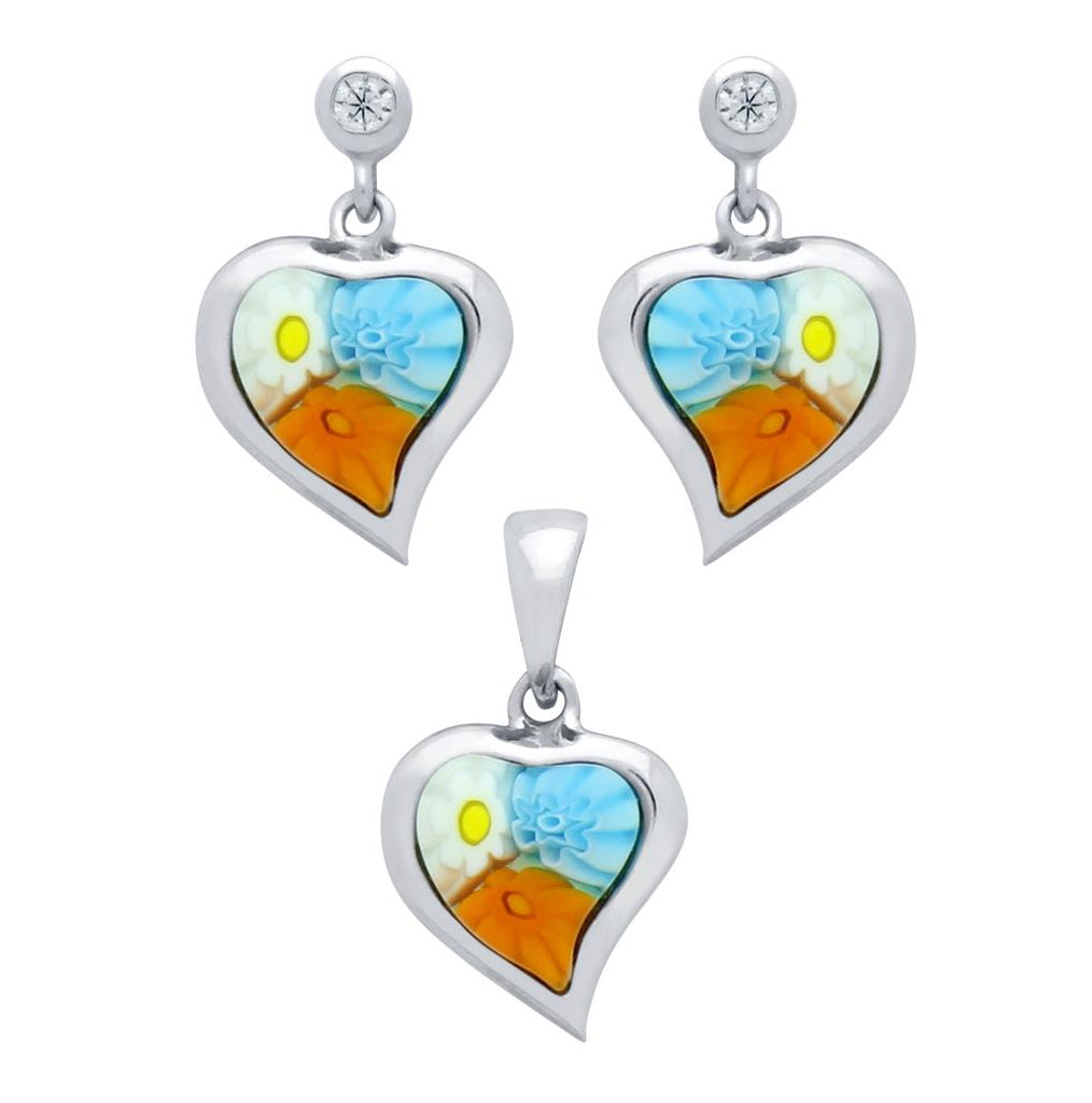 .925 Sterling Silver Millefiori Set: Multi-color 8x8mm Heart Shaped Earrings With Cz Post And Pendant