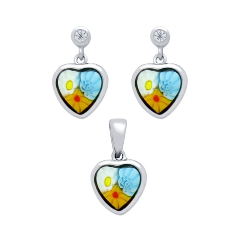 .925 Sterling Silver Millefiori Set: Multi-color 7x7mm Heart Shaped Earrings With Cz Post And Pendant