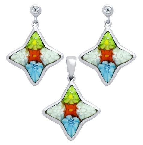 .925 Sterling Silver Millefiori Set: Multi-color 14x15mm Star Shaped Earrings With Cz Post And Pendant