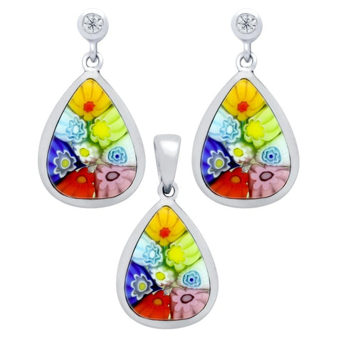 .925 Sterling Silver Millefiori Set: Multi-color 13x10mm Drop Shaped Earrings With Cz Post And Pendant