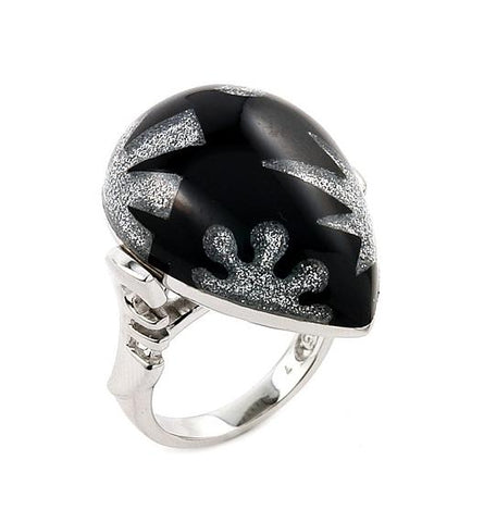 .925 Sterling Silver Designo Black Drop Ring With Silver Glittery Flowers, Size 7