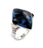 .925 Sterling Silver Designo Black Diamond Shape Ring With Dark Blue Glittery Flowers, <b>size: 6</b>