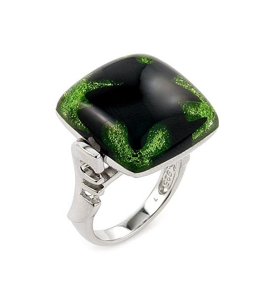 .925 Sterling Silver Designo Black Square Ring With Green Glittery Flowers, Size 6