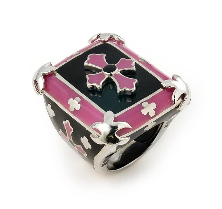 .925 Sterling Silver Designo Large Pink And Black Cross Ring, <b>size: 6</b>