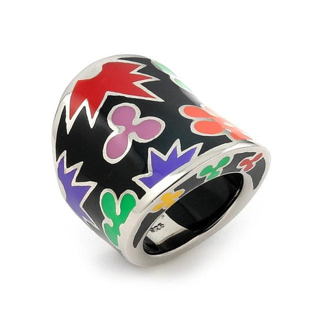 .925 Sterling Silver Black And Multi Color Designo Wide Ring, <b>size: 6</b>