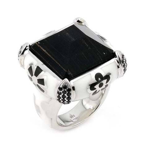 .925 Sterling Silver Designo Square Faceted Sparkling Brown Crystal Ring With Black Czs, <b>size: 6</b>