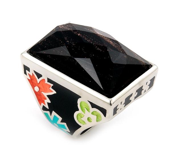 .925 Sterling Silver Black And Multi Color Designo Wide Ring With Brown Crystal Rectangular Stone, <b>size: 6</b>