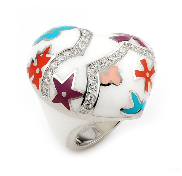 .925 Sterling Silver Designo White Heart With Cz And Multi Color Flower Accents, <b>size: 6</b>