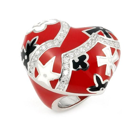 .925 Sterling Silver Designo Red Curved Heart With Cz And Flower Accents, <b>size: 6</b>