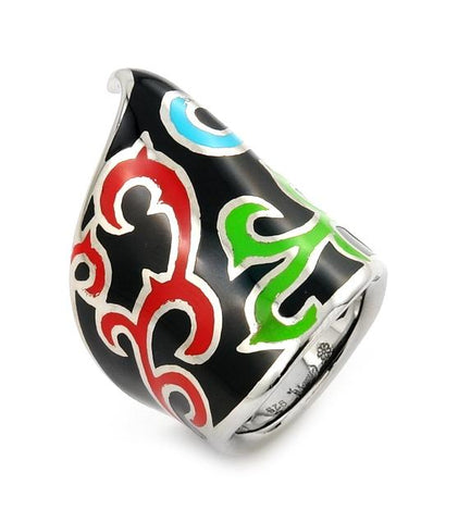 .925 Sterling Silver Star - Designo Black And Multi Color Ring, <b>size: 6</b>