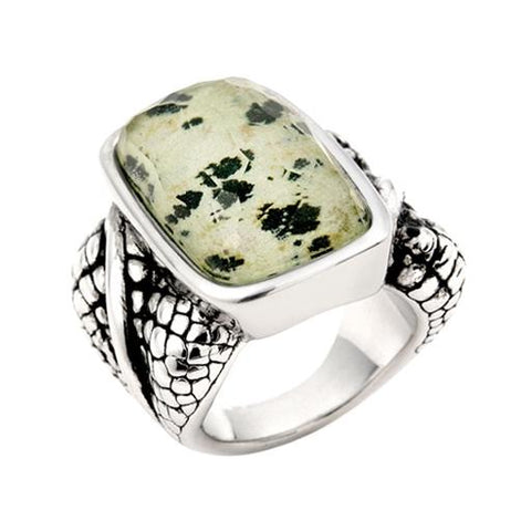 .925 Sterling Silver Demiquartz Semi-precious Dalmation Jasper Reptile Design Ring, <b>size: 6</b>