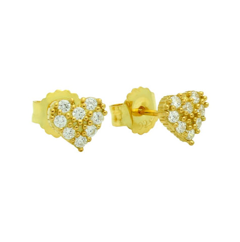 .925 Sterling Silver Gold Plated Pave Cz Heart Post Earrings