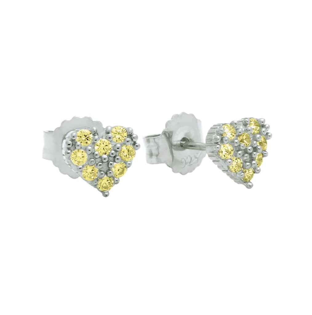 .925 Sterling Silver Pave Cz Yellow Heart Post Earrings