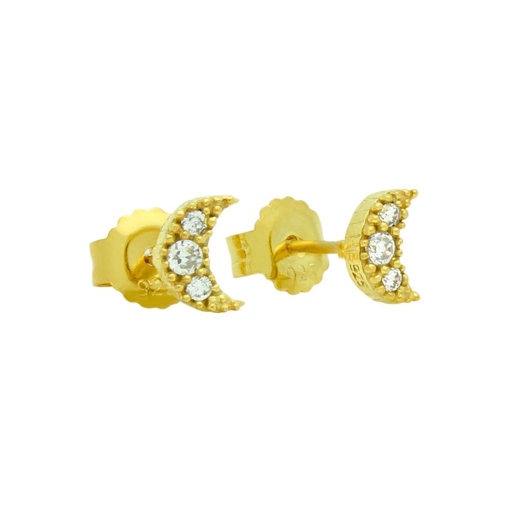 .925 Sterling Silver Gold Plated Pave Cz Moon Post Earrings