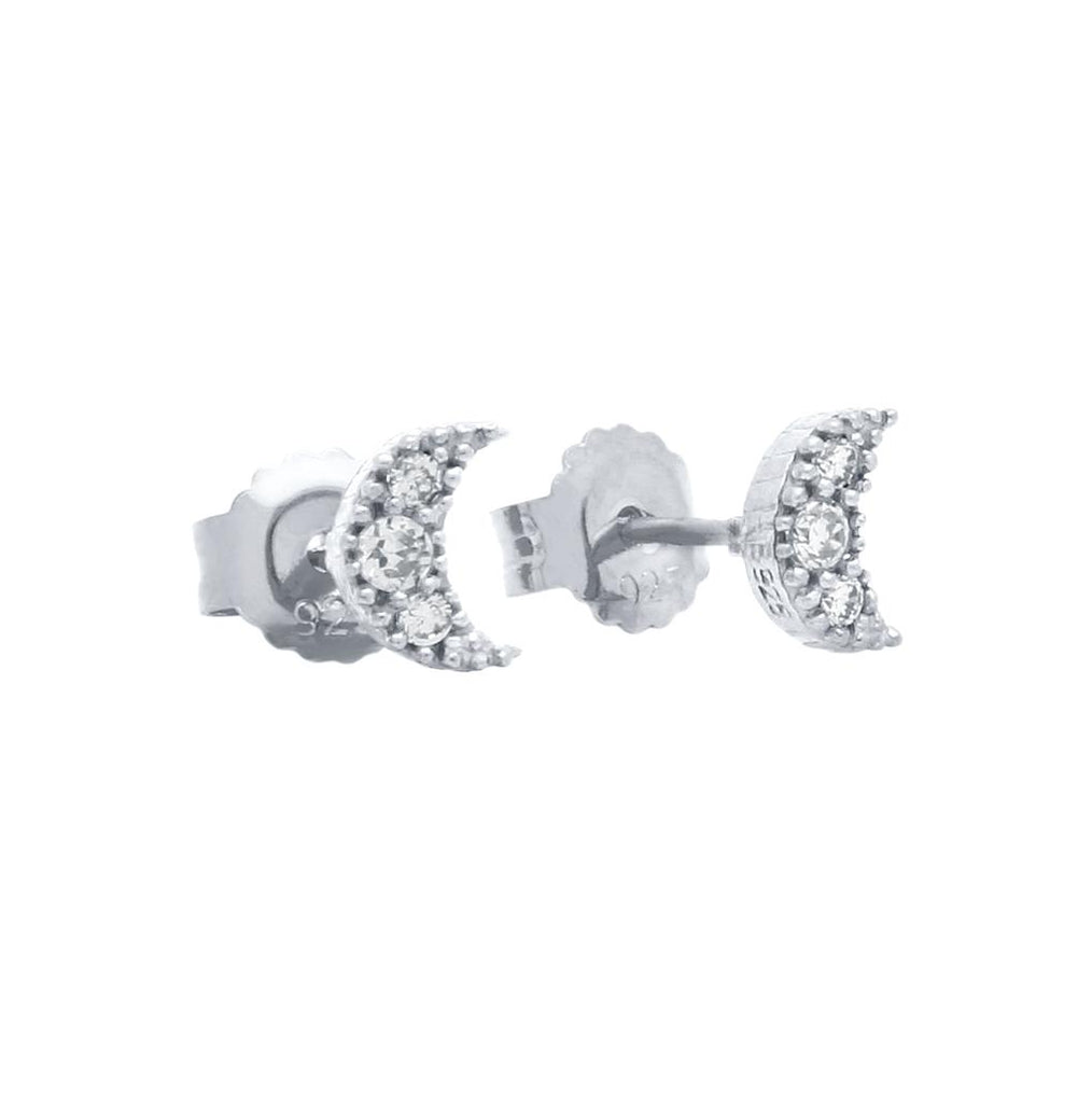 .925 Sterling Silver Pave Cz Moon Post Earrings