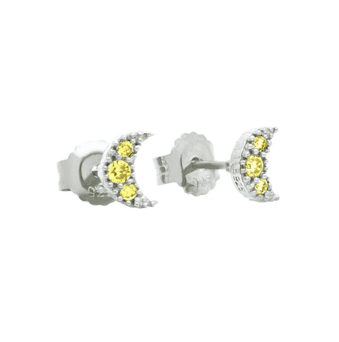 .925 Sterling Silver Pave Yellow Cz Moon Post Earrings