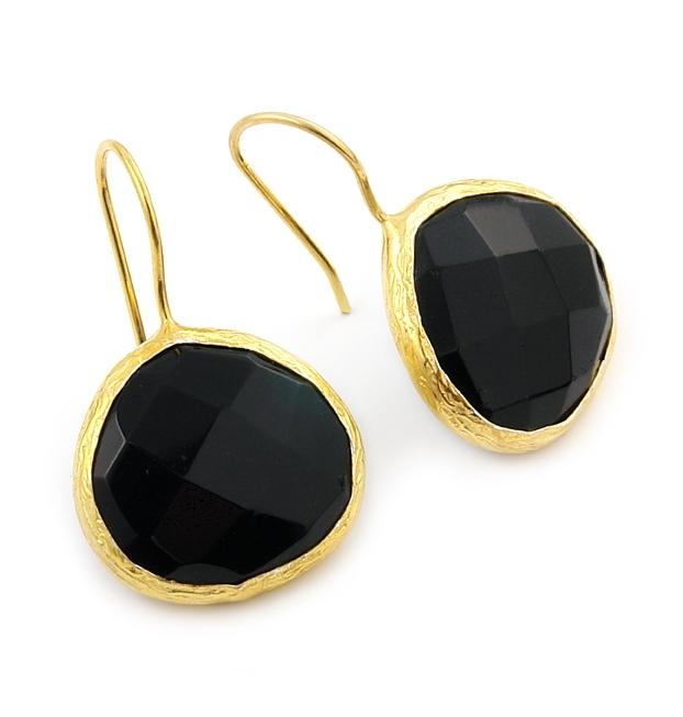 .925 Sterling Silver Gold Plated And Onyx Fishhook Earrings